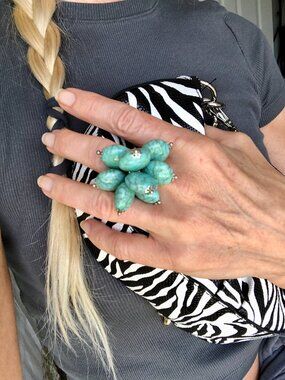 Bold Turquoise and Silver Toned Beaded Ring, Adjustable in Size